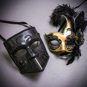 Black Glitter Bauta Full Face w/ Gold Black Feather Masquerade Wedding Ball Mask